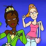 Dwie animowane postacie, jedna w zielonej sukni z tiarą, a druga w różowej bluzce i dżinsach, na niebieskim tle