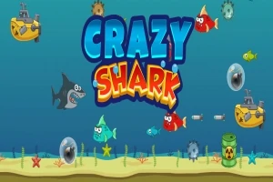 Kolorowa scena podwodna z różnymi rybami i rekinem na tle oraz napis Crazy Shark