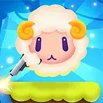 Urocza owieczka z żółtymi rogami trzymająca pistolet, stojąca na zielonej platformie na niebieskim tle z promieniami światła