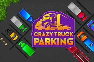Kolorowe samochody i ciężarówki zaparkowane na ciemnym parkingu, z dużym logo przedstawiającym ciężarówkę i napis Crazy Truck Parking