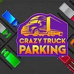 Kolorowe samochody i ciężarówki zaparkowane na ciemnym parkingu, z dużym logo przedstawiającym ciężarówkę i napis Crazy Truck Parking