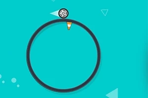 Czarna kulka na okręgu z niebieskim tłem i białymi trójkątnymi elementami