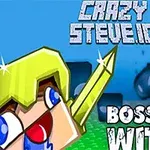 Postać z żółtym hełmem i mieczem na tle ciemnych kul oraz napisy Crazy Steve