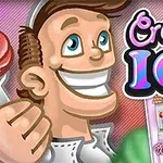 Mężczyzna z uśmiechem trzyma loda na patyku, obok znajduje się napis Creamy Ice oraz ilustracja lodziarni