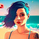 Kobieta z niebieskimi włosami i tatuażem na ramieniu na tle plaży i oceanu
