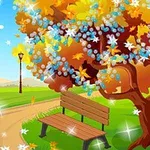 Jesienny, malowniczy krajobraz z drewnianą ławką pod drzewem o kolorowych liściach