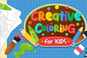 Kolorowe napisy Creative Coloring for Kids otoczone kredkami, pędzlem i kleksem farby na niebieskim tle w kratkę z rysunkiem pociągu po lewej stronie