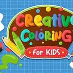 Kolorowe napisy Creative Coloring for Kids otoczone kredkami, pędzlem i kleksem farby na niebieskim tle w kratkę z rysunkiem pociągu po lewej stronie