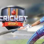 Ilustracja przedstawia gracza w niebieskim stroju do krykieta z kijem, obok którego znajduje się logo z napisem Cricket 2024