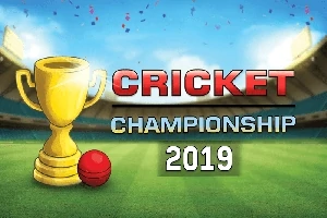 Złoty puchar i piłka do krykieta na boisku z napisem Cricket Championship 2019 otoczonym niebieskim niebem i trybunami