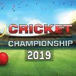 Złoty puchar i piłka do krykieta na boisku z napisem Cricket Championship 2019 otoczonym niebieskim niebem i trybunami