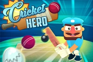 Postać w czapce grająca w krykieta z pałką na boisku, otoczona kilkoma piłkami, z napisem „Cricket Hero” w tle