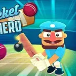 Postać w czapce grająca w krykieta z pałką na boisku, otoczona kilkoma piłkami, z napisem „Cricket Hero” w tle