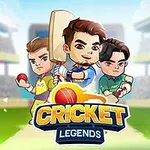 Trzy kreskówkowe postacie graczy krykieta na stadionie, z dużą drewnianą pałką i piłką, na tle napisu Cricket Legends