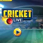 Gracz krykieta w niebieskim stroju zamachuje się kijem na stadionie, obok widoczne jest duże logo z napisem CRICKET LIVE i przycisk odtwarzania
