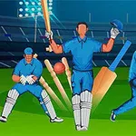 Trzech graczy w niebieskich strojach na zielonym boisku z kijem w dłoni, kulą i rozbitymi kołkami, na tle oświetlonego stadionu