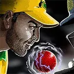 Dwóch mężczyzn w sportowych kaskach mierzy się ze sobą, pomiędzy nimi unosi się czerwona piłka