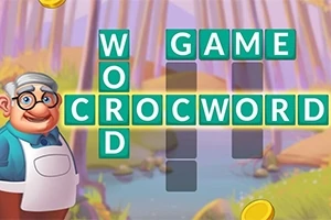 Starszy mężczyzna w okularach stoi obok krzyżówki z hasłami WORD, GAME, i CROCWORD w lesistej scenerii z monetami