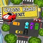Kolorowe samochody na skrzyżowaniu ulic, otoczone budynkami i drzewami, z napisem CROSS ROAD EXIT