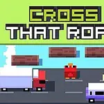 Pikselowa grafika z czerwoną postacią przypominającą kurczaka na drodze, obok kolorowych pojazdów i napisu „Cross That Road”