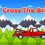 Czerwony samochód ciężarowy na tle górzystego krajobrazu z lasem i błękitnym niebem oraz tekstem Cross The Bridge