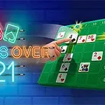 Ręka wskazująca na zieloną planszę z kartami do gry na tle napisu w stylu neonowym Cross Over 21