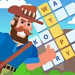 Mężczyzna w kapeluszu z szerokim rondem pokazuje kciuk w górę przed krzyżówką z liter w krajobrazie z chmurami i drzewami