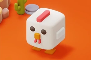 Kwadratowy, rysunkowy kurczak z białym ciałem, czerwonym grzebieniem, żółtym dziobem i pomarańczowym tłem, obok kaktusa i kamieni