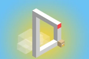 Trójwymiarowy, niemożliwy trójkąt z drewnianym sześcianem i kolorowymi akcentami na tle niebiesko-żółtego gradientu