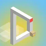 Trójwymiarowy, niemożliwy trójkąt z drewnianym sześcianem i kolorowymi akcentami na tle niebiesko-żółtego gradientu