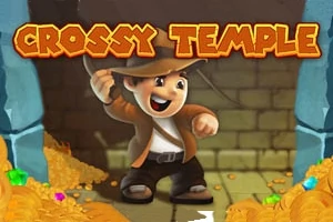 Postać w kapeluszu z biczem w ręku stojąca w świątyni otoczona złotymi monetami i klejnotami, z napisem Crossy Temple na górze