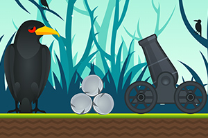 Wizerunek dużego kruka stojącego obok armaty i kul armatnich na tle lasu z wyraźnymi niebieskimi sylwetkami drzew