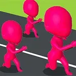 Trzy różowe, kreskówkowe postacie biegną po szarej drodze na zielonym tle