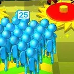 Niebieskie postacie z liczbą 25 na żółto-zielonym tle z czerwonymi okręgami