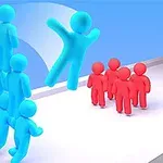 Niebieskie i czerwone postacie na tle szarej drogi z niebieskim niebem, gdzie niebieska postać skacze w kierunku grupy czerwonych postaci