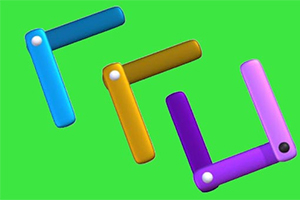 Trzy kolorowe obiekty w kształcie litery L na zielonym tle