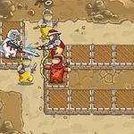 Postacie ubrane w różnokolorowe stroje zbrojne znajdują się na pustynnym terenie i przygotowują się do walki, z postacią w czerwonej pelerynie trzymającą łuk