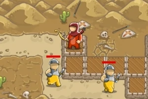 Postać w czerwonym płaszczu z łukiem stoi na murze obronnym, podczas gdy dwie postacie z mieczami z czerwonymi paskami nad głowami biegną w jej stronę, a w tle widać pustynny krajobraz z kaktusami i czaszkami