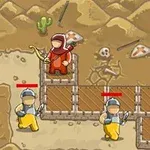 Postać w czerwonym płaszczu z łukiem stoi na murze obronnym, podczas gdy dwie postacie z mieczami z czerwonymi paskami nad głowami biegną w jej stronę, a w tle widać pustynny krajobraz z kaktusami i czaszkami