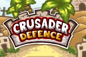 Napis CRUSADER DEFENCE na tle murów zamku z palmami w tle