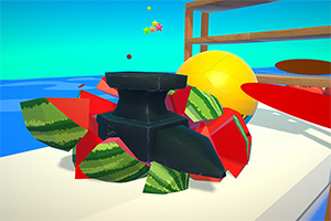 Kowadło leżące na pokrojonych kawałkach arbuza z żółtą piłką i drewnianymi elementami w tle