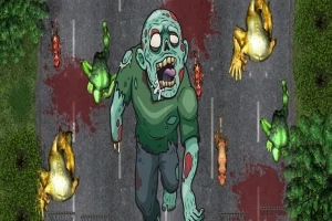 Zielony zombie na drodze otoczonej krwawymi plamami i leżącymi płonącymi postaciami