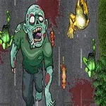 Zielony zombie na drodze otoczonej krwawymi plamami i leżącymi płonącymi postaciami