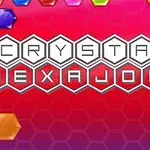 Sześciokąty w różnych kolorach na czerwonym tle z napisem Crystal Hexajong w centralnej części