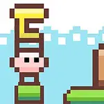 Pikselowa postać złożona z liter, stojąca obok brązowego bloku z literą na tle niebieskiego nieba