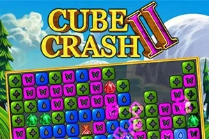 Kolorowe bloki z klejnotami i motylkami na tle krajobrazu z napisem Cube Crash II
