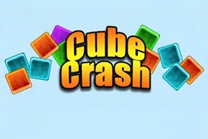 Napis Cube Crash otoczony kolorowymi, przezroczystymi kwadratami na jasnoniebieskim tle