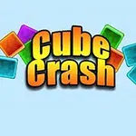 Napis Cube Crash otoczony kolorowymi, przezroczystymi kwadratami na jasnoniebieskim tle