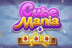 Kolorowe logo Cube Mania z trzema klockami ozdobionymi obrazkami jabłek na tle w kratkę