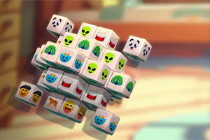 Kolorowe kostki z różnymi emotikonami i obrazkami, unoszące się w powietrzu na rozmytym tle